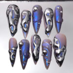 Custom Long Stiletto Metallic Silver Press On Nails - Free-Style Goth, Gothic, Emo Inspired Nails for Birthday, Holday, Party, Event - Image 2