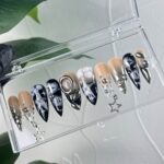 3D Metallic Silver on Black Long Stiletto Press On Nails Goth , Silver Stars Gothic Fake Nails, Emo Y2K Nails - Image 2