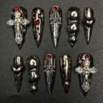 Silver Swords with Blood Long Stiletto Press On Nail, Halloween/Cosplay Nail Art, Handpainted Fake Nail, Reusable Gel Nail - Image 2
