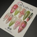 Painting Flower Long Almond Press On Nail, Custom Handpainted Acrylic Spring Fake/False Nail, Floral Nails - Image 2
