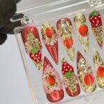 Strawberry Royal Long Stiletto Press On Nails, Handpainted Fake/False Nail, Event Birthday PromHoliday Nails Art - Image 3