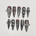 Silver Swords with Blood Long Stiletto Press On Nail, Halloween/Cosplay Nail Art, Handpainted Fake Nail, Reusable Gel Nail