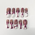 Handpainted White French Tip Pink Chrome Long Square Press On Nails - Luxury Nail Art for Prom, Events, and Birthdays - Image 5