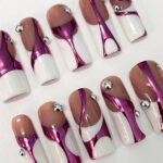 Handpainted White French Tip Pink Chrome Long Square Press On Nails - Luxury Nail Art for Prom, Events, and Birthdays - Image 4