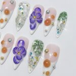 3D Dry Orchard Flower Long Almond Press On Nail, Custom Handpainted Acrylic Spring Fake/False Nail, Floral Nails - Image 2