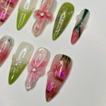 Painting Flower Long Almond Press On Nail, Custom Handpainted Acrylic Spring Fake/False Nail, Floral Nails - Image 3