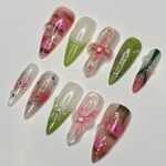 Painting Flower Long Almond Press On Nail, Custom Handpainted Acrylic Spring Fake/False Nail, Floral Nails - Image 5