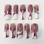 Handpainted White French Tip Pink Chrome Long Square Press On Nails - Luxury Nail Art for Prom, Events, and Birthdays