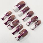 Handpainted White French Tip Pink Chrome Long Square Press On Nails - Luxury Nail Art for Prom, Events, and Birthdays - Image 2