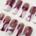 Handpainted White French Tip Pink Chrome Long Square Press On Nails - Luxury Nail Art for Prom, Events, and Birthdays - Image 3
