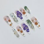 3D Dry Orchard Flower Long Almond Press On Nail, Custom Handpainted Acrylic Spring Fake/False Nail, Floral Nails - Image 3