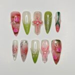 Painting Flower Long Almond Press On Nail, Custom Handpainted Acrylic Spring Fake/False Nail, Floral Nails