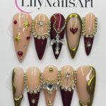 Red & Gold Royal Theme Long Stiletto Press On Nail - Luxurious Christmas and Holiday Nail Art, 3D Gel Winter Nails Design - Image 2