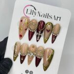 Red & Gold Royal Theme Long Stiletto Press On Nail - Luxurious Christmas and Holiday Nail Art, 3D Gel Winter Nails Design - Image 3