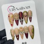 Red & Gold Royal Theme Long Stiletto Press On Nail - Luxurious Christmas and Holiday Nail Art, 3D Gel Winter Nails Design