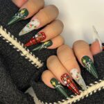 Golden Starlight Christmas Long Almond Press On Nails - Festive Xmas and Winter Holiday Nail Art - Image 2