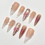 Free Style 3D Flower In Long Almond Press On Nail, Cute Valentine Fake/False Nails, Holiday Birthday Event Nails Art - Image 2