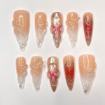 Free Style 3D Flower In Long Almond Press On Nail, Cute Valentine Fake/False Nails, Holiday Birthday Event Nails Art