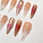 Free Style 3D Flower In Long Almond Press On Nail, Cute Valentine Fake/False Nails, Holiday Birthday Event Nails Art - Image 3