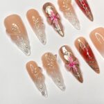 Free Style 3D Flower In Long Almond Press On Nail, Cute Valentine Fake/False Nails, Holiday Birthday Event Nails Art - Image 5
