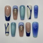 Handpainted Blue Inspired Medium Square Press On Nails, False Nails Nails Art for Birthday, Holiday, Gifts for Her