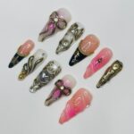 Love Fairy Blush Theme Long Almond Flowers Press On Nails, Fairy Tale Inspired Fake Nails, Birthday Holiday Nails Art, Gifts for Her - Image 4