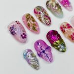 Cute 3D Purple Flower Medium Almond Press On Nails, Handmade Gel False Nails for Birthday Event Party Holiday Vacation - Image 3
