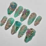Aura Summer With Butterfly Medium Almond Press on nails, Summer Fake/False Nails, Prom Nails, 3D Gel Nail Art - Image 2
