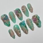 Aura Summer With Butterfly Medium Almond Press on nails, Summer Fake/False Nails, Prom Nails, 3D Gel Nail Art - Image 4