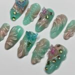 Aura Summer With Butterfly Medium Almond Press on nails, Summer Fake/False Nails, Prom Nails, 3D Gel Nail Art - Image 3