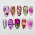 Cute 3D Purple Flower Medium Almond Press On Nails, Handmade Gel False Nails for Birthday Event Party Holiday Vacation