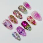 Cute 3D Purple Flower Medium Almond Press On Nails, Handmade Gel False Nails for Birthday Event Party Holiday Vacation - Image 2