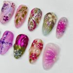 Cute 3D Purple Flower Medium Almond Press On Nails, Handmade Gel False Nails for Birthday Event Party Holiday Vacation - Image 5