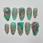 Aura Summer With Butterfly Medium Almond Press on nails, Summer Fake/False Nails, Prom Nails, 3D Gel Nail Art