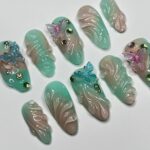 Aura Summer With Butterfly Medium Almond Press on nails, Summer Fake/False Nails, Prom Nails, 3D Gel Nail Art - Image 5