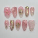 Elegance 3D Flower Medium Almond Press On Nails, Handmade Floral Spring Nails, Unique Nail for Birthday Party Holiday,Vacation