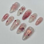 Petite Blossom Blush Medium Almond Press On Nails, Handpainted Flower Nails, Spring Floral Nails Art for Birthday, Holiday, Vacation - Image 5