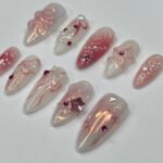 Petite Blossom Blush Medium Almond Press On Nails, Handpainted Flower Nails, Spring Floral Nails Art for Birthday, Holiday, Vacation - Image 3