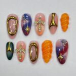 Freestyle Mix & Match Medium Almond Press On Nails, Handmade 3D Gel Fake Nails for Birthday Holiday Vacation Prom , Gifts for Her