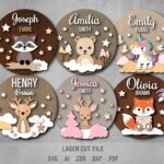 Baby name sign SVG Bundle. Laser cut file for Glowforge. Cute animals
