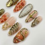 3D Flower With Gold Accent Freestyle Almond Press On Nails, 3D Gel Fairycore Fake Nails, Dreamy Nails for Birthday Vacation Holiday - Image 3
