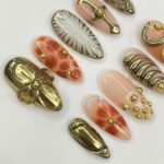 3D Flower With Gold Accent Freestyle Almond Press On Nails, 3D Gel Fairycore Fake Nails, Dreamy Nails for Birthday Vacation Holiday - Image 2