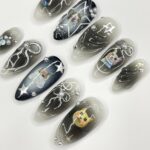 Black Cat Aura Medium Almond Press On Nails, 3D Gel Fairycore Fake Nails, Dreamy Nails for Birthday Vacation Holiday - Image 3