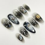 Black Cat Aura Medium Almond Press On Nails, 3D Gel Fairycore Fake Nails, Dreamy Nails for Birthday Vacation Holiday - Image 5