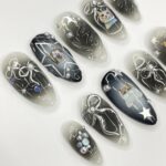 Black Cat Aura Medium Almond Press On Nails, 3D Gel Fairycore Fake Nails, Dreamy Nails for Birthday Vacation Holiday - Image 4