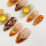 Freestyle Sunset Autumn Inspired Medium Almond Press On Nails, 3D Elegance Fake Nails, Unique Design Nails for Birthday Vacation Holiday - Image 2