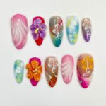 Trendy Colorful 3D Flower for Summer Medium Almond Press On Nail, Custom Design Nail Art,Fake/Flase Nail for Birthday Holiday Vacation Nail