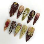 Red & Gold Renaissance Long Stiletto Press On Nails, Unique Design Royal Theme Fake Nail Art for Birthday, Holiday, Vacation, Gift For Her - Image 3