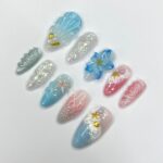 Mermaid Tail & Flowers Summer Inspired Press On Nails, 3D Ocean Theme Fake Nail Art, Unique Design Nail for Summer Holiday Vacation Event - Image 4