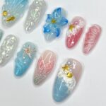 Mermaid Tail & Flowers Summer Inspired Press On Nails, 3D Ocean Theme Fake Nail Art, Unique Design Nail for Summer Holiday Vacation Event - Image 3